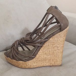 Brown strappy rattan wedges